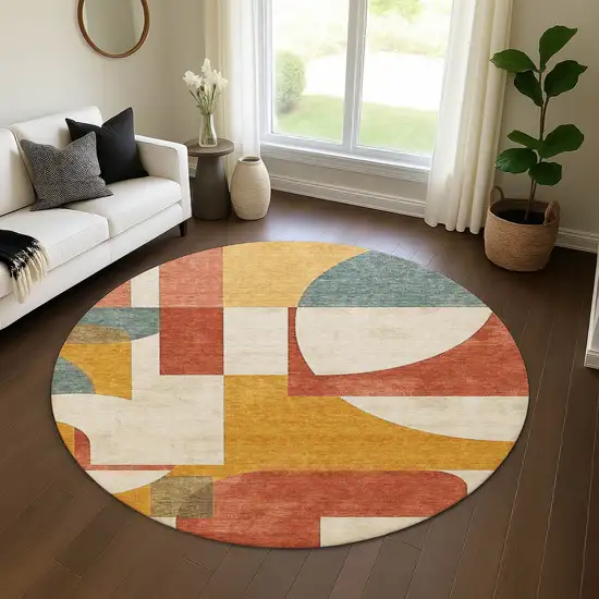 8' Coral Gold And Ivory Abstract Geometric Washable Round Rug With UV Protection Photo 4