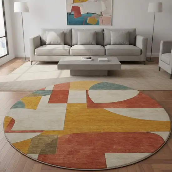 8' Coral Gold And Ivory Abstract Geometric Washable Round Rug With UV Protection Photo 2