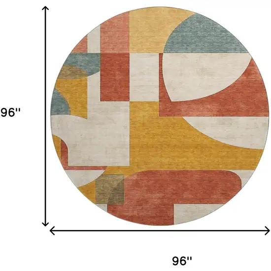 8' Coral Gold And Ivory Abstract Geometric Washable Round Rug With UV Protection Photo 9