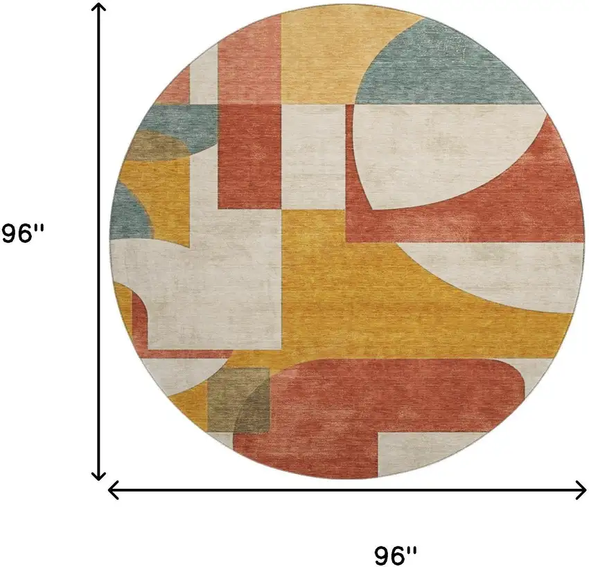 8' Coral Gold And Ivory Abstract Geometric Washable Round Rug With UV Protection Photo 9