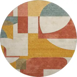 Photo of 8' Coral Gold And Ivory Abstract Geometric Washable Round Rug With UV Protection