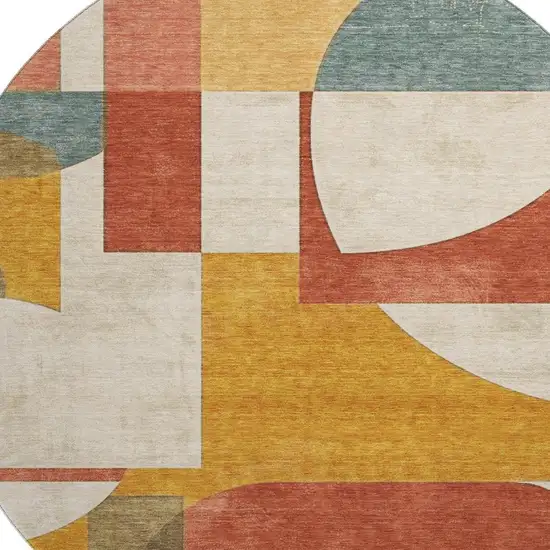 8' Coral Gold And Ivory Abstract Geometric Washable Round Rug With UV Protection Photo 2