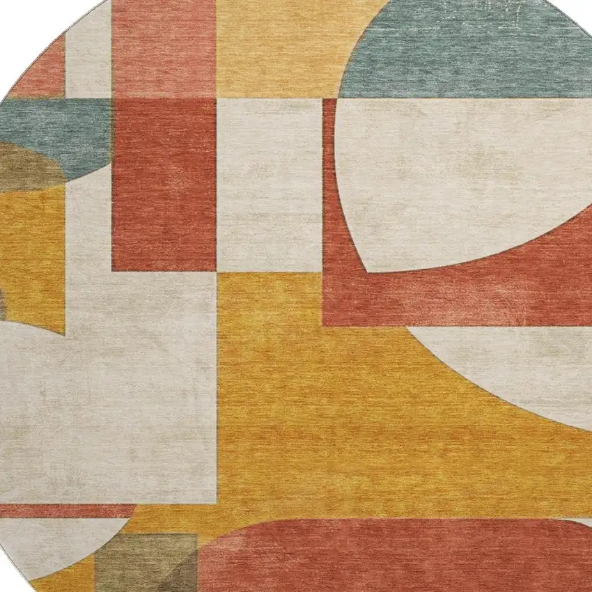 8' Coral Gold And Ivory Abstract Geometric Washable Round Rug With UV Protection Photo 2