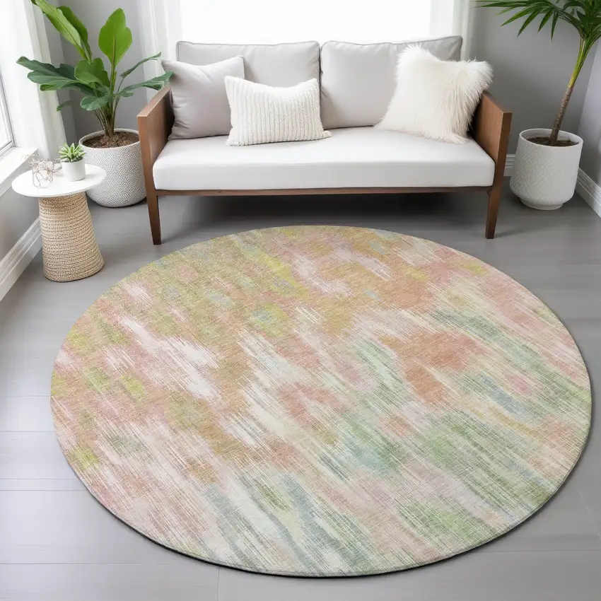 8' Coral Gold And Ivory Round Abstract Washable Indoor Outdoor Area Rug Photo 7
