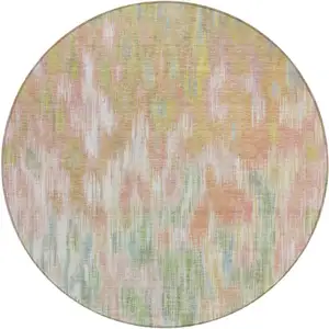 Photo of 8' Coral Gold And Ivory Round Abstract Washable Indoor Outdoor Area Rug