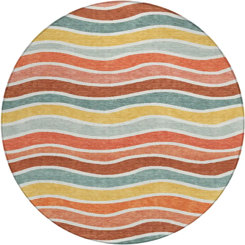 8' Coral Gold And Peach Round Striped Washable Indoor Outdoor Area Rug Photo 2