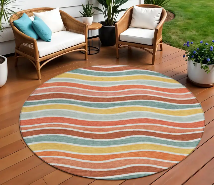 8' Coral Gold And Peach Round Striped Washable Indoor Outdoor Area Rug Photo 1