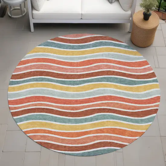 8' Coral Gold And Peach Round Striped Washable Indoor Outdoor Area Rug Photo 8