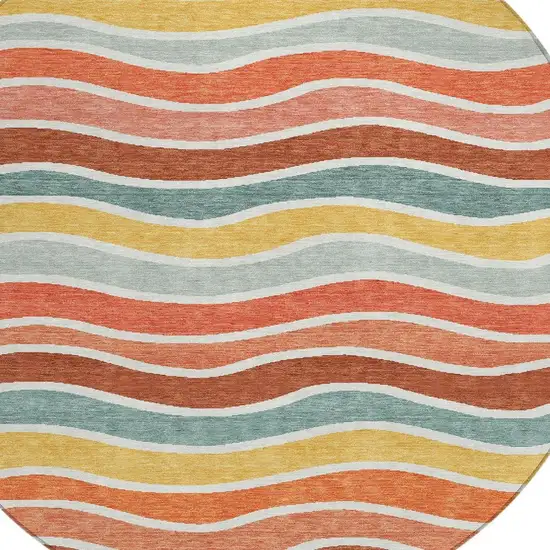 8' Coral Gold And Peach Round Striped Washable Indoor Outdoor Area Rug Photo 7