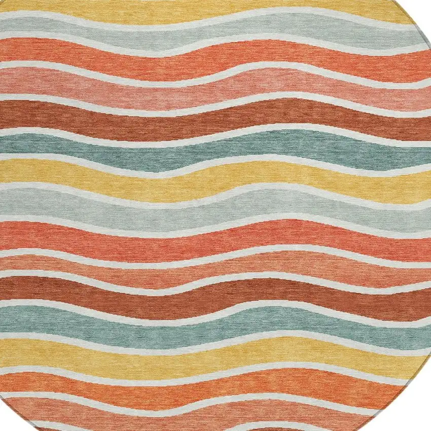 8' Coral Gold And Peach Round Striped Washable Indoor Outdoor Area Rug Photo 7