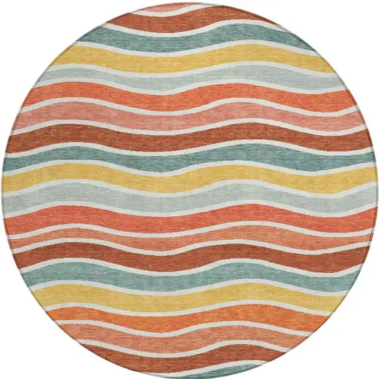 8' Coral Gold And Peach Round Striped Washable Indoor Outdoor Area Rug Photo 4