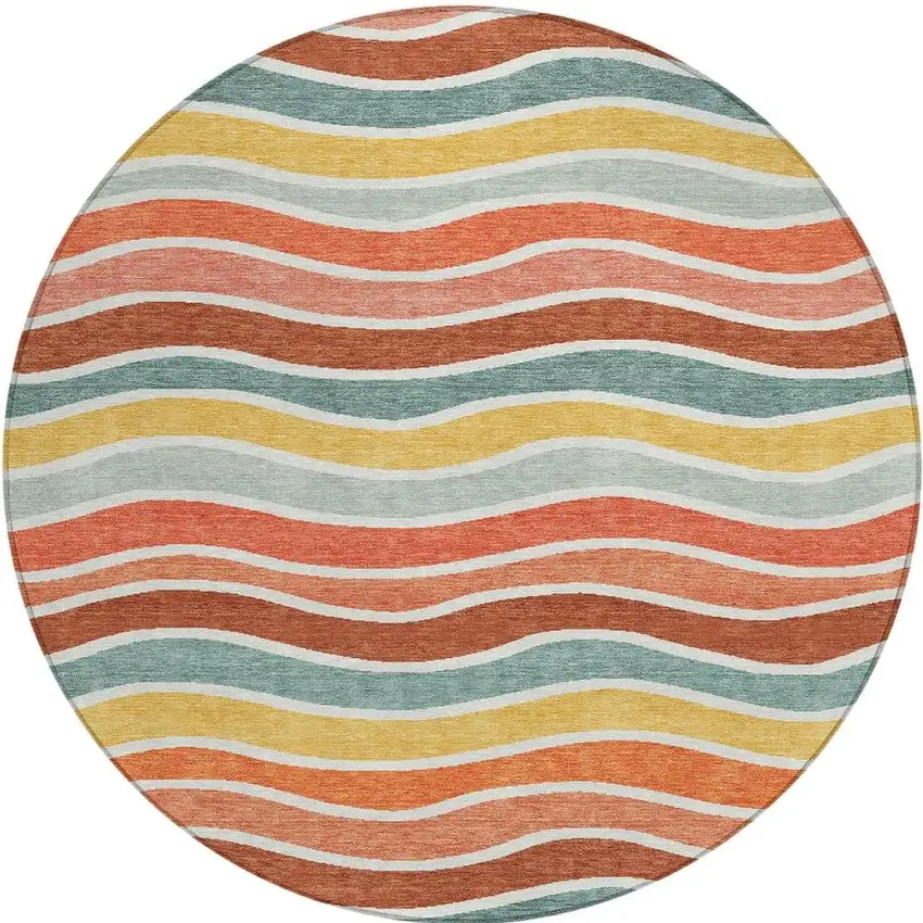 8' Coral Gold And Peach Round Striped Washable Indoor Outdoor Area Rug Photo 4