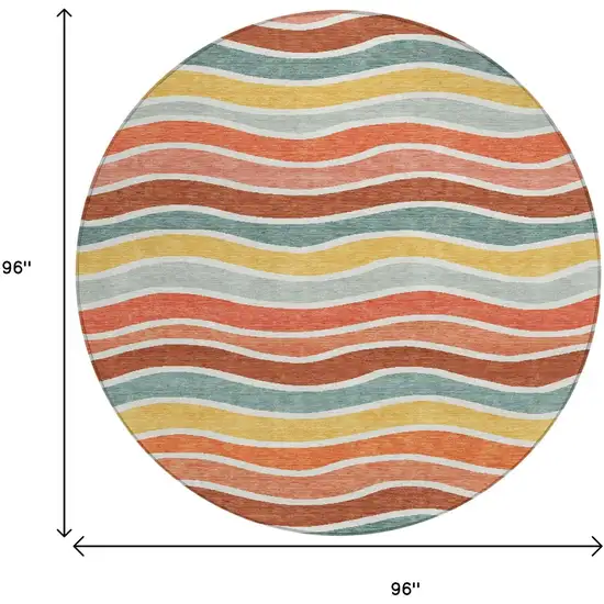 8' Coral Gold And Peach Round Striped Washable Indoor Outdoor Area Rug Photo 3