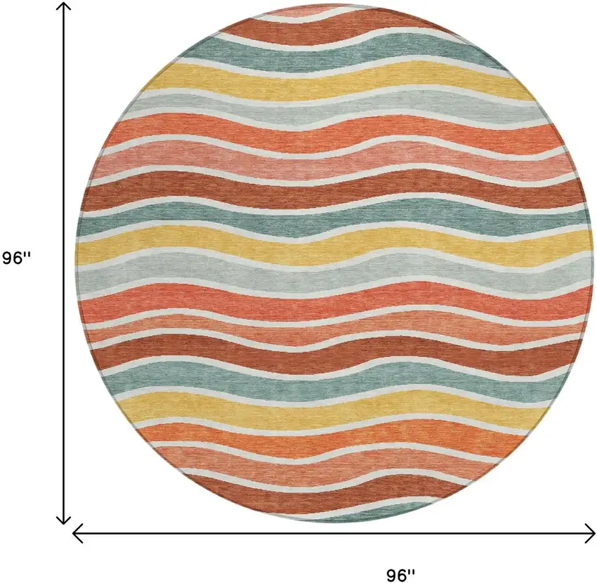 8' Coral Gold And Peach Round Striped Washable Indoor Outdoor Area Rug Photo 3