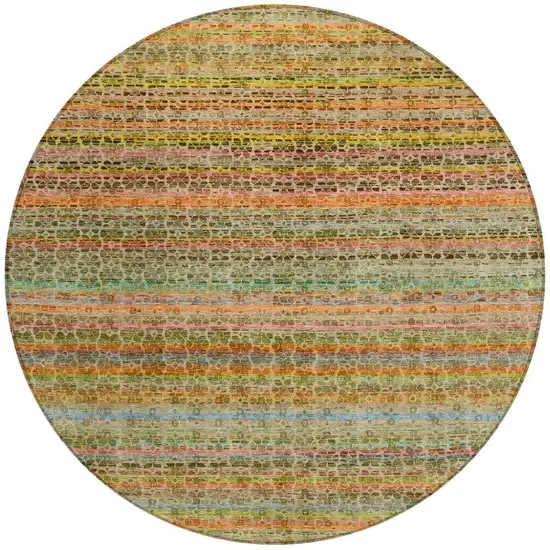 8' Coral Gold And Teal Blue Round Striped Washable Indoor Outdoor Area Rug Photo 3
