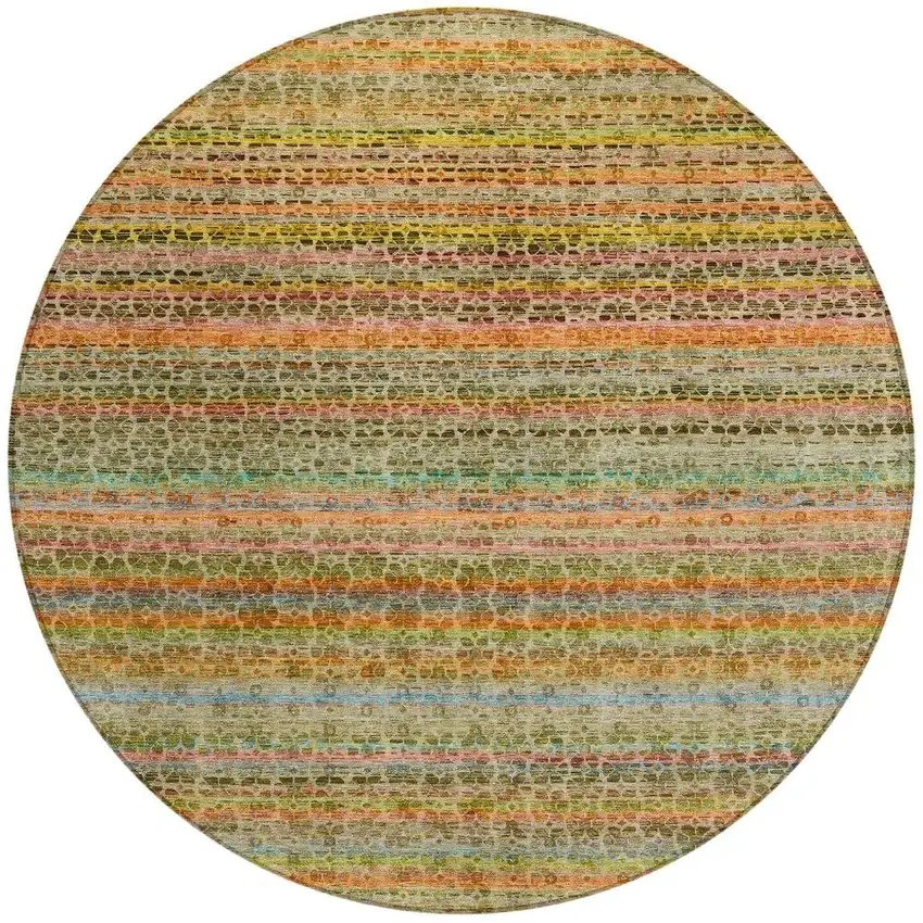 8' Coral Gold And Teal Blue Round Striped Washable Indoor Outdoor Area Rug Photo 3