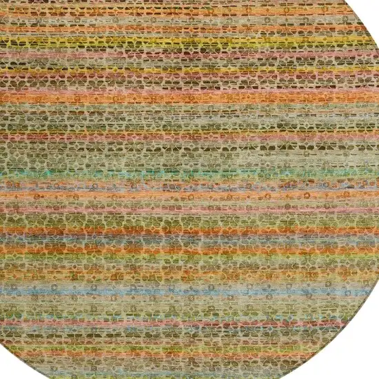 8' Coral Gold And Teal Blue Round Striped Washable Indoor Outdoor Area Rug Photo 5