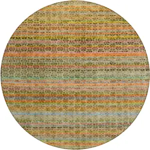 Photo of 8' Coral Gold And Teal Blue Round Striped Washable Indoor Outdoor Area Rug