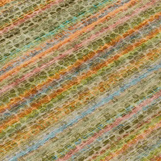 8' Coral Gold And Teal Blue Round Striped Washable Indoor Outdoor Area Rug Photo 9