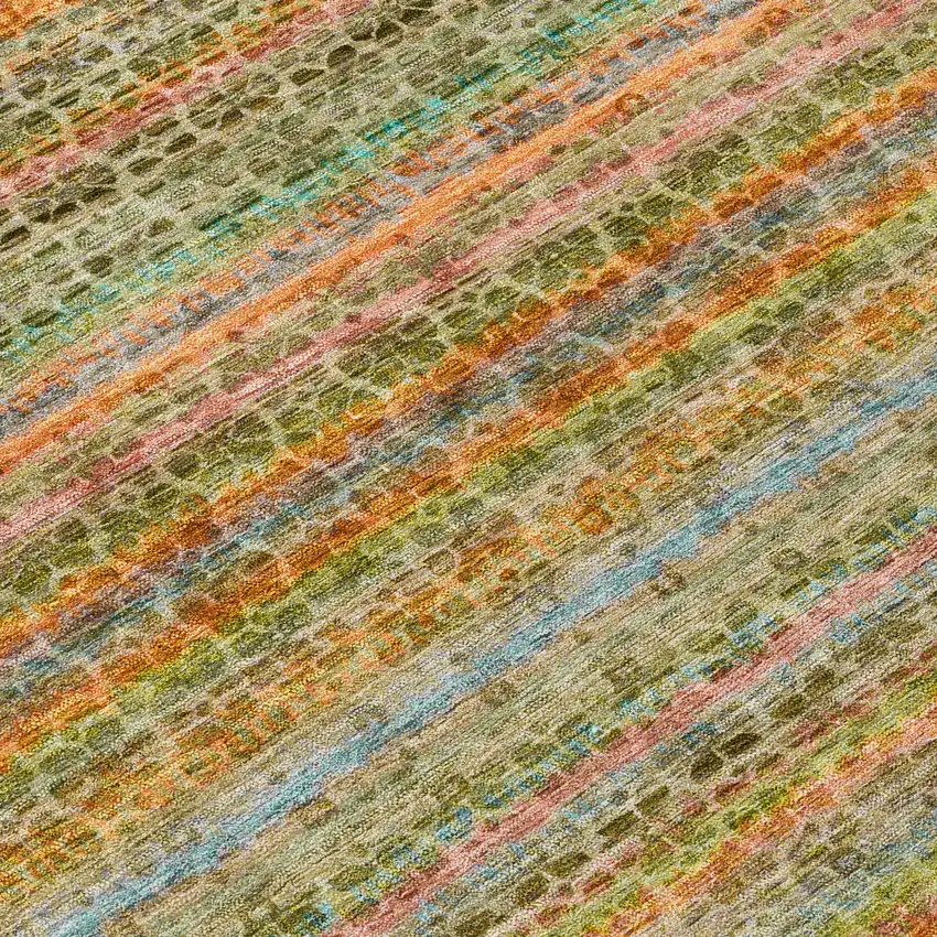 8' Coral Gold And Teal Blue Round Striped Washable Indoor Outdoor Area Rug Photo 9