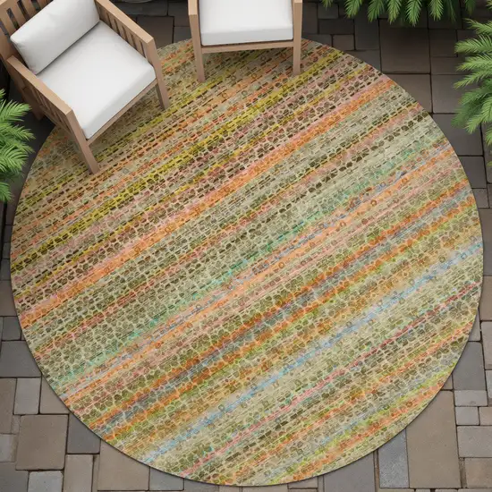 8' Coral Gold And Teal Blue Round Striped Washable Indoor Outdoor Area Rug Photo 6