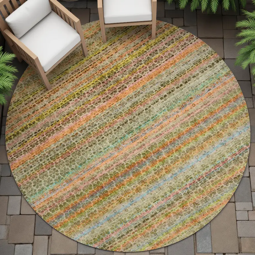 8' Coral Gold And Teal Blue Round Striped Washable Indoor Outdoor Area Rug Photo 6