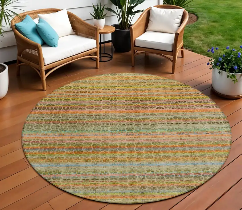 8' Coral Gold And Teal Blue Round Striped Washable Indoor Outdoor Area Rug Photo 2