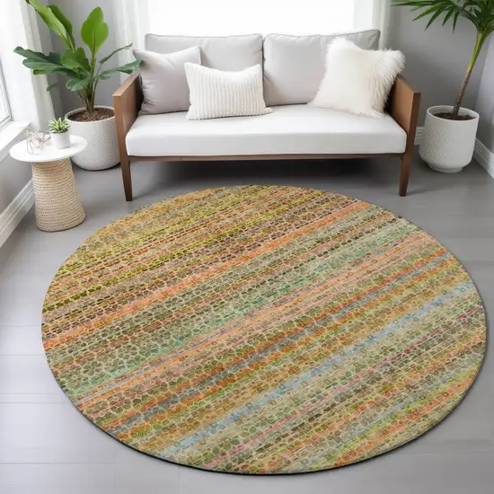 8' Coral Gold And Teal Blue Round Striped Washable Indoor Outdoor Area Rug Photo 7