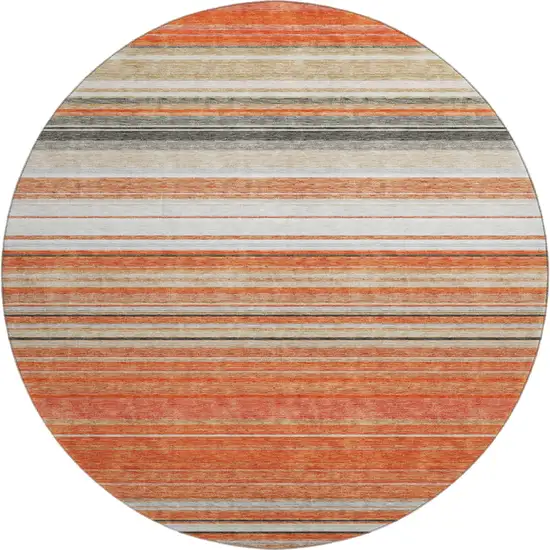 8' Coral Gray And Beige Striped Washable Round Rug With UV Protection Photo 1