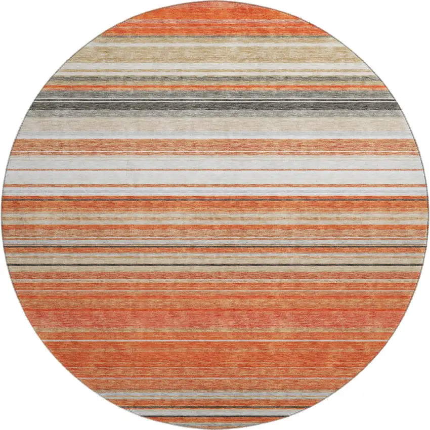 8' Coral Gray And Beige Striped Washable Round Rug With UV Protection Photo 1