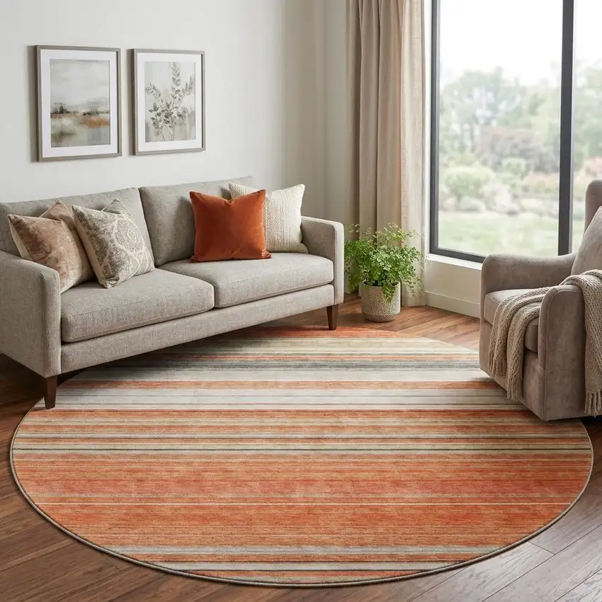 8' Coral Gray And Beige Striped Washable Round Rug With UV Protection Photo 1