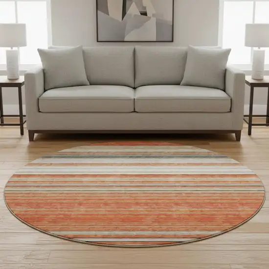 8' Coral Gray And Beige Striped Washable Round Rug With UV Protection Photo 2