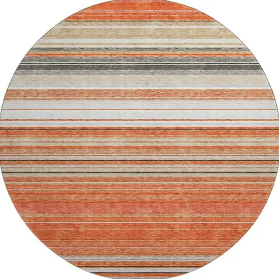 8' Coral Gray And Beige Striped Washable Round Rug With UV Protection Photo 3