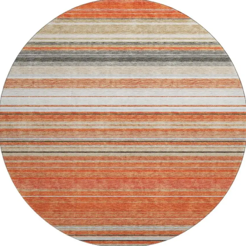 8' Coral Gray And Beige Striped Washable Round Rug With UV Protection Photo 3