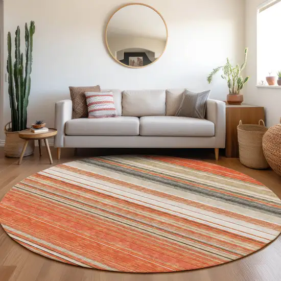 8' Coral Gray And Beige Striped Washable Round Rug With UV Protection Photo 4