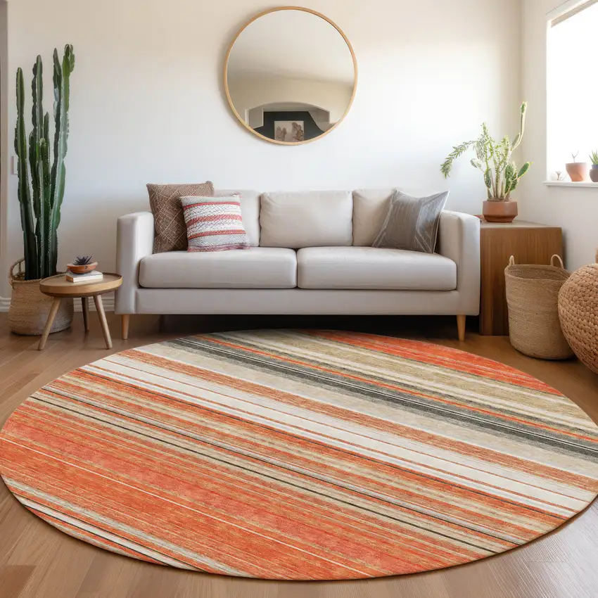 8' Coral Gray And Beige Striped Washable Round Rug With UV Protection Photo 4