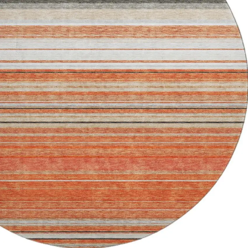 8' Coral Gray And Beige Striped Washable Round Rug With UV Protection Photo 2