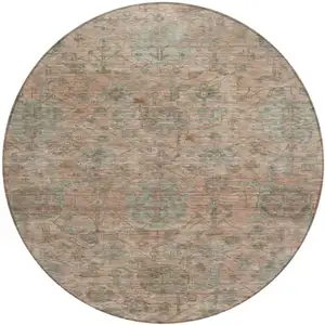 Photo of 8' Coral Gray And Brown Round Damask Washable Indoor Outdoor Area Rug