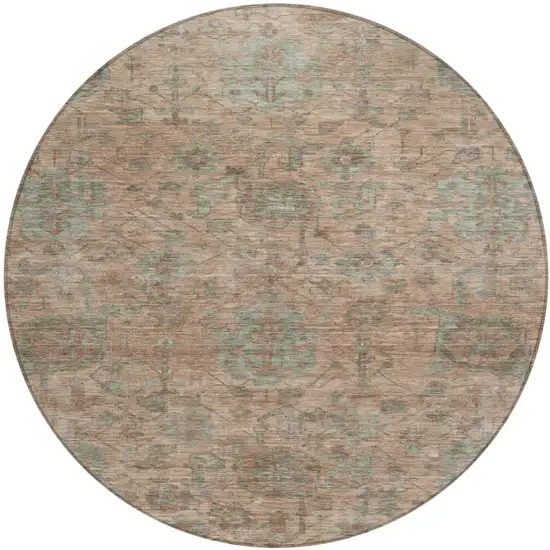 8' Coral Gray And Brown Round Damask Washable Indoor Outdoor Area Rug Photo 2