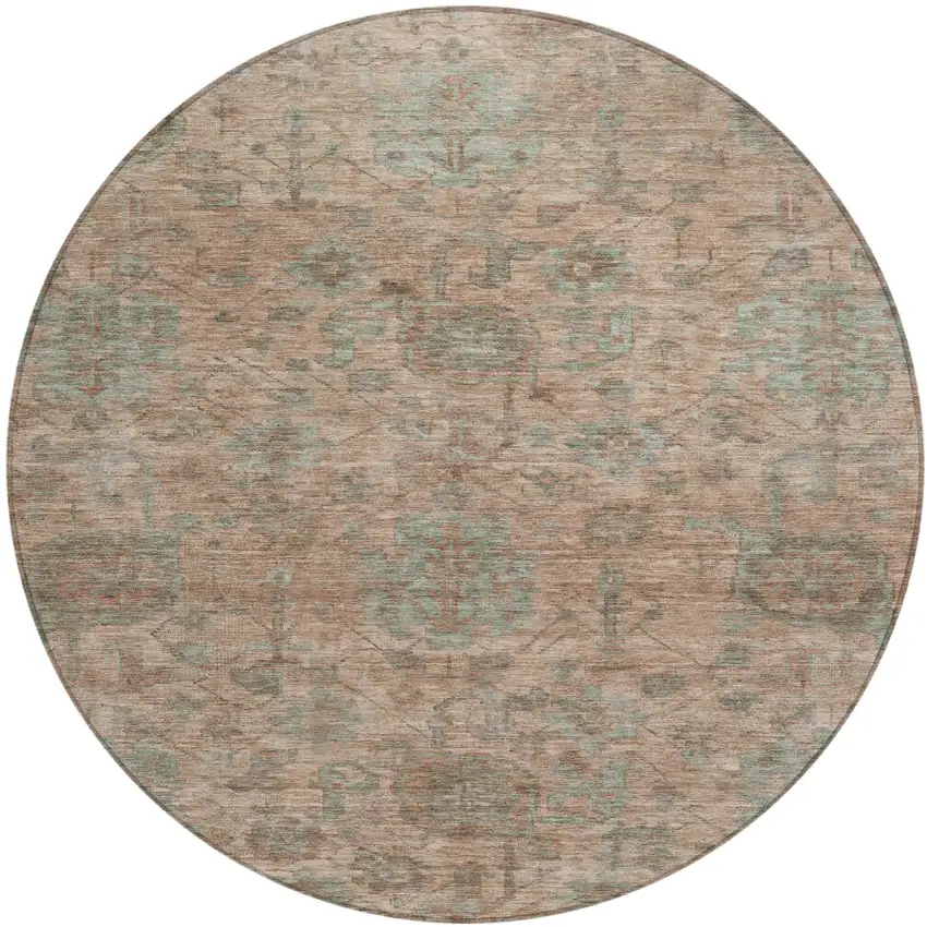 8' Coral Gray And Brown Round Damask Washable Indoor Outdoor Area Rug Photo 2
