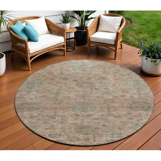 8' Coral Gray And Brown Round Damask Washable Indoor Outdoor Area Rug Photo 1