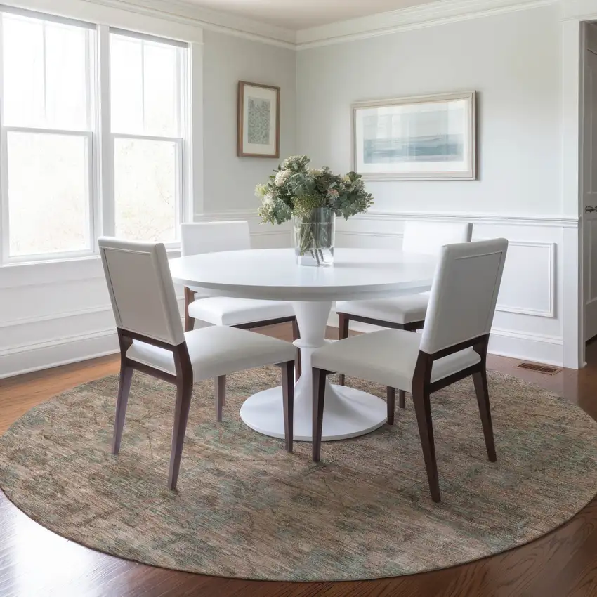 8' Coral Gray And Brown Round Damask Washable Indoor Outdoor Area Rug Photo 8