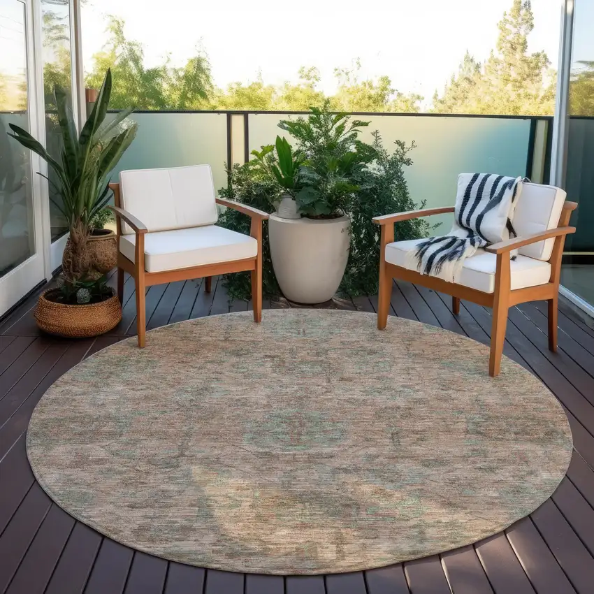 8' Coral Gray And Brown Round Damask Washable Indoor Outdoor Area Rug Photo 7