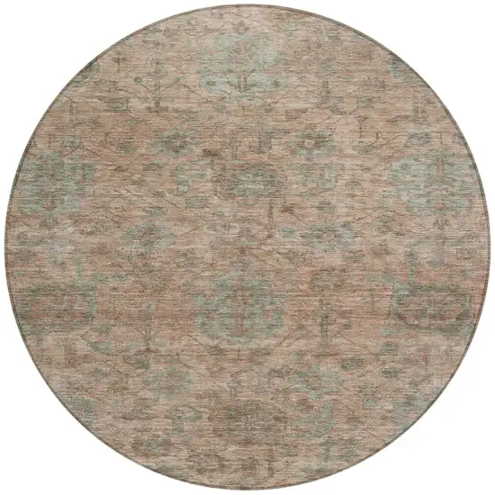 8' Coral Gray And Brown Round Damask Washable Indoor Outdoor Area Rug Photo 6