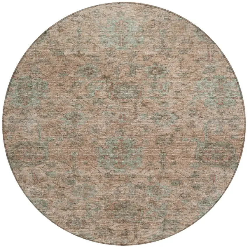 8' Coral Gray And Brown Round Damask Washable Indoor Outdoor Area Rug Photo 6