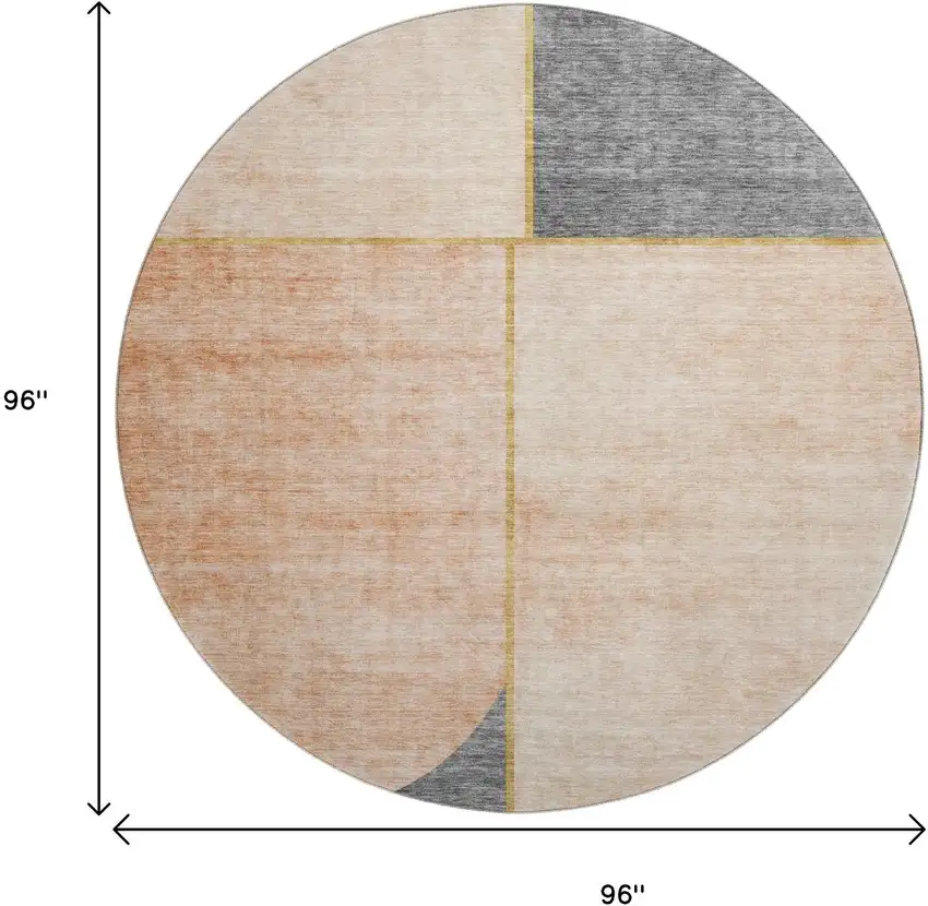 8' Coral Gray And Gold Geometric Washable Round Rug With UV Protection Photo 5