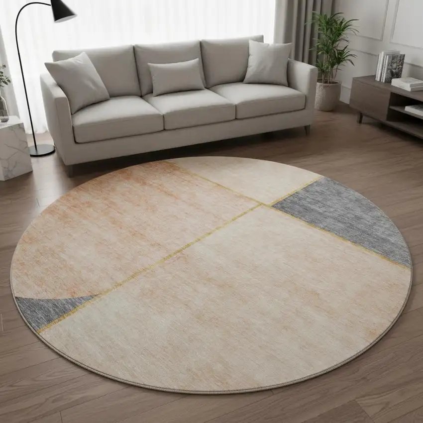 8' Coral Gray And Gold Geometric Washable Round Rug With UV Protection Photo 2