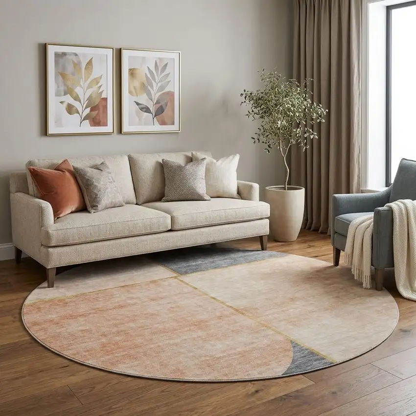 8' Coral Gray And Gold Geometric Washable Round Rug With UV Protection Photo 1