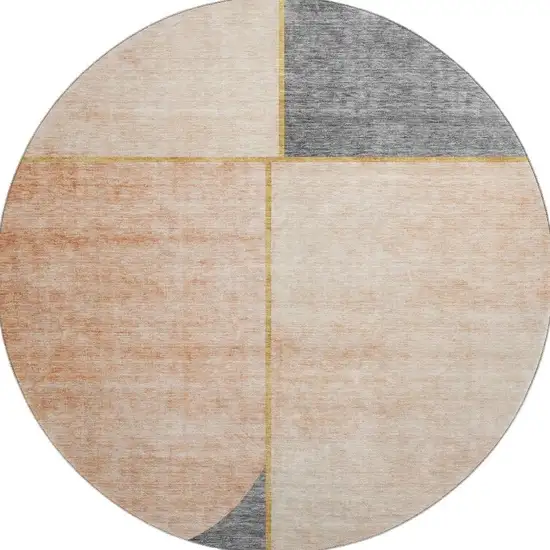 8' Coral Gray And Gold Geometric Washable Round Rug With UV Protection Photo 1