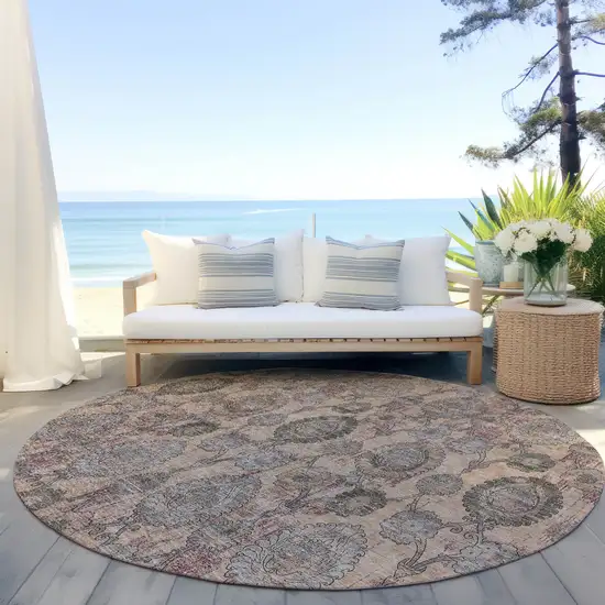 8' Coral Gray And Green Round Damask Washable Indoor Outdoor Area Rug Photo 6